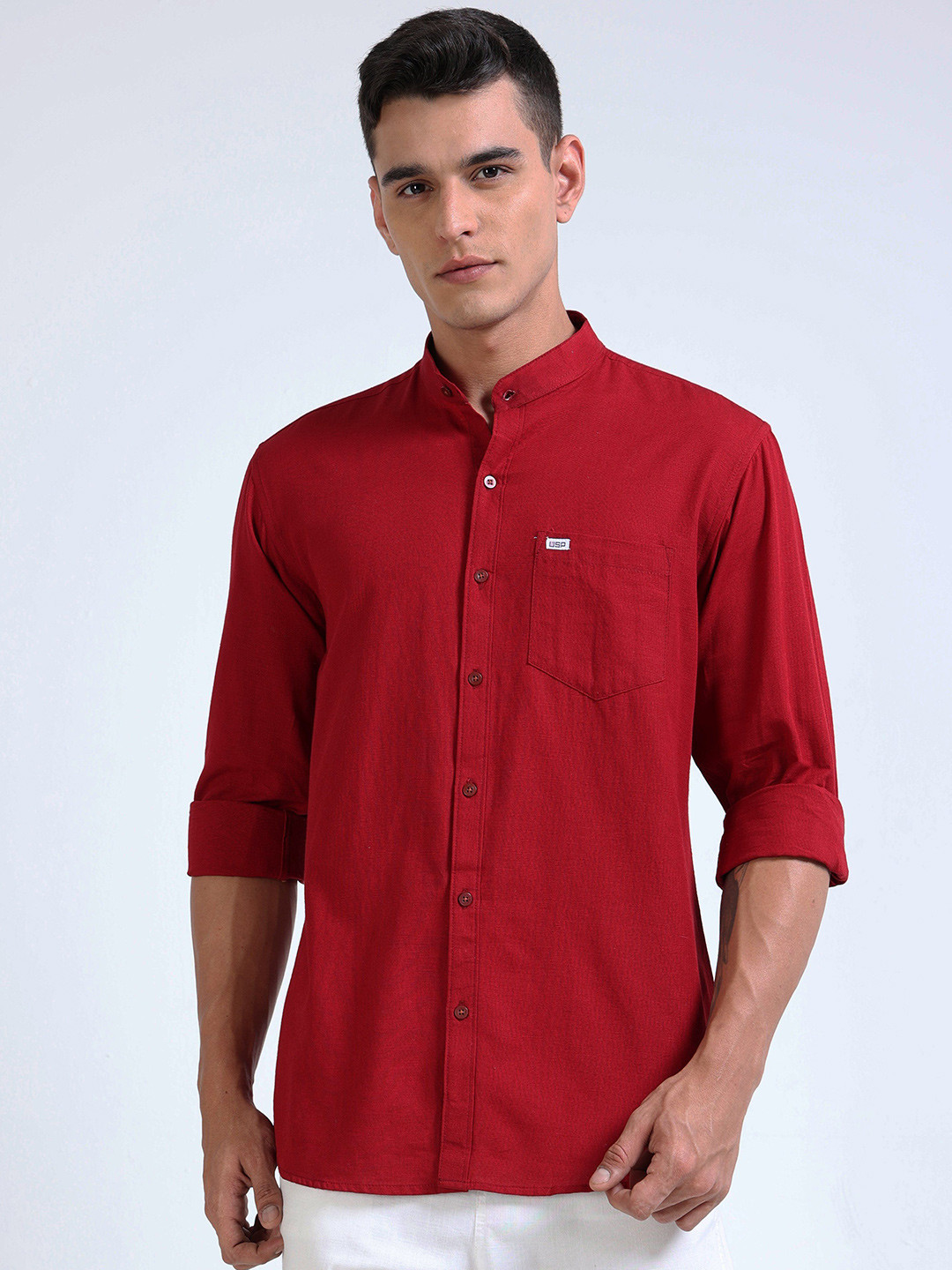 U.S. PITCHERS Men Standard Slim Fit Solid Mandarin Collar Casual Shirt