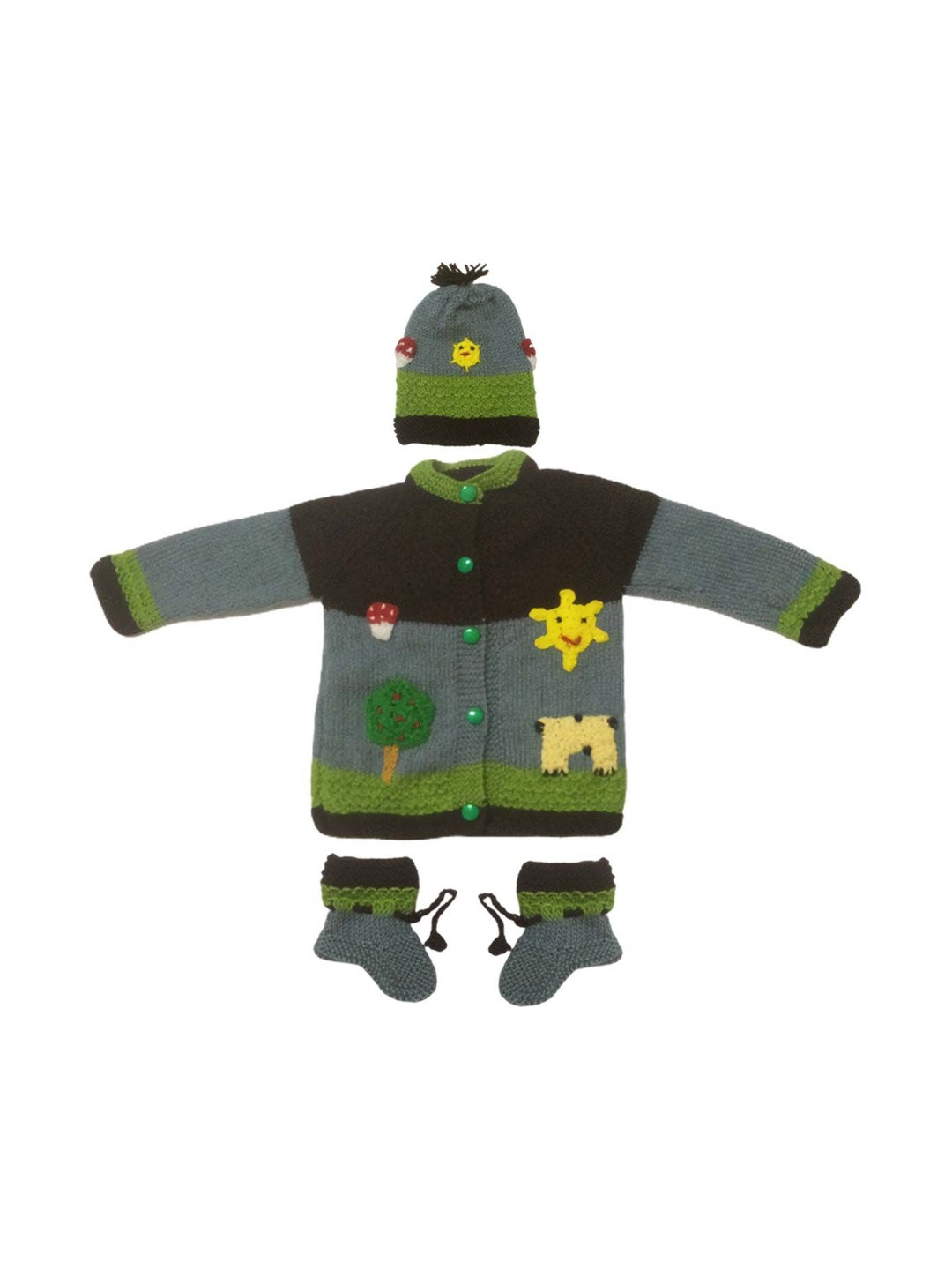 Cute Collection Kids Hand Knitted Woolen Sweater With Cap & Pair of Booties