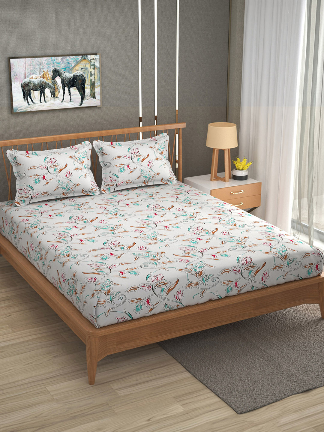 FURNOFY Multi Polycotton 130 GSM Leaf Print King Bedsheet with 2 Pillow Covers