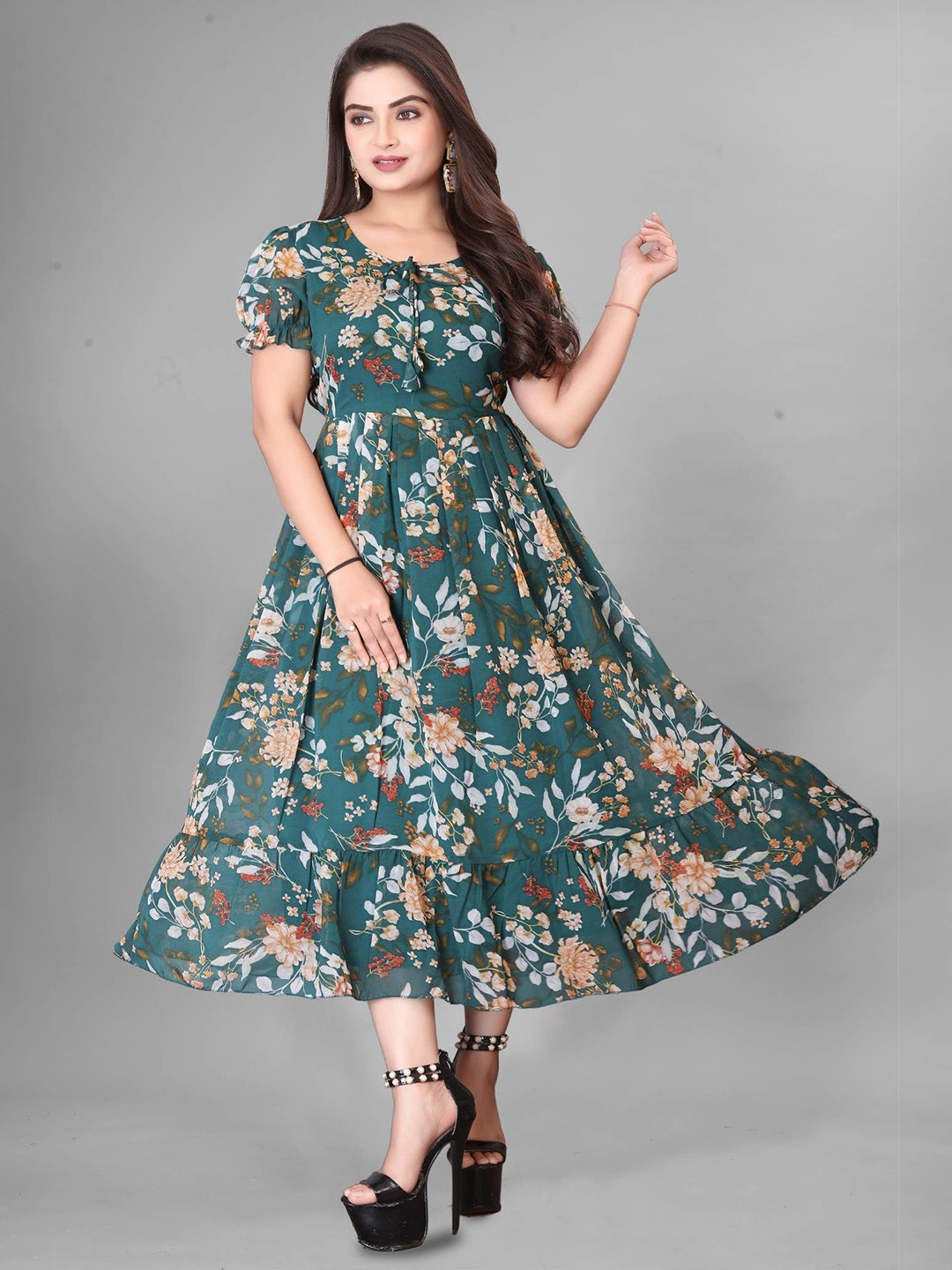 QENA FFloral Printed Gathered Puff Sleeve Georgette Fit & Flare Midi Dress