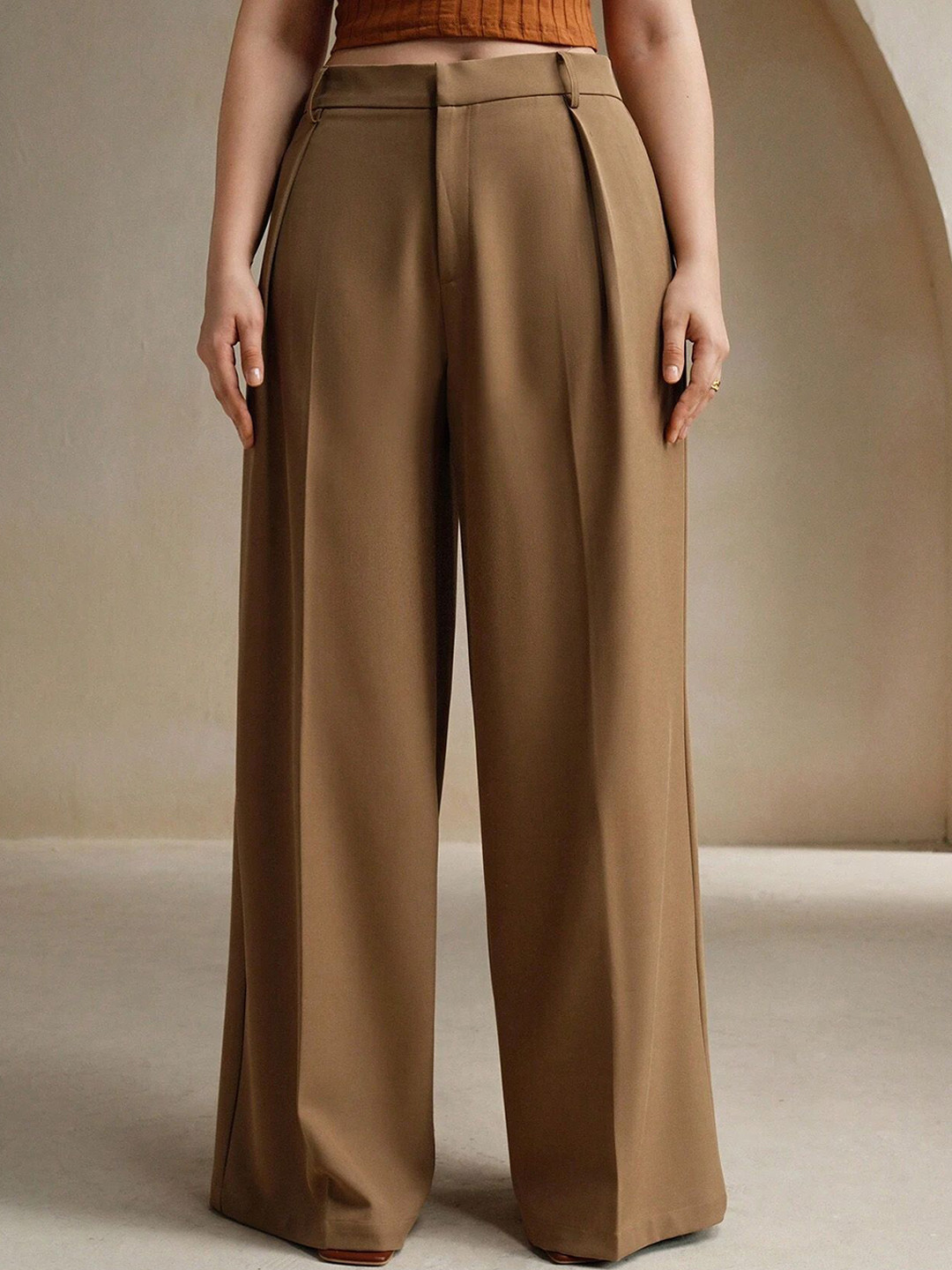 FNOCKS Women Comfort High-Rise Pleated High-Waisted  Wide-Leg Baggy Regular Trousers