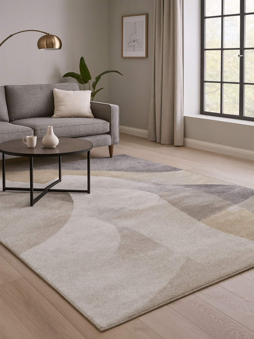 OBSESSIONS Cream And Grey Abstract Printed Carpet