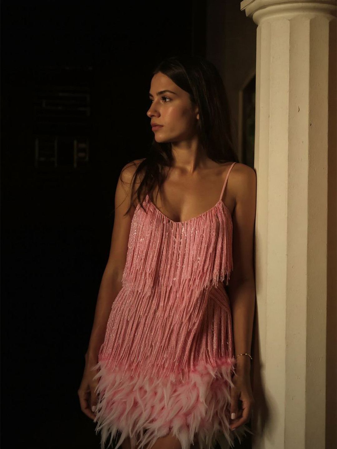 bebe Fringed Women  Party Wear Self Design Embellished A-Line Mini Dress