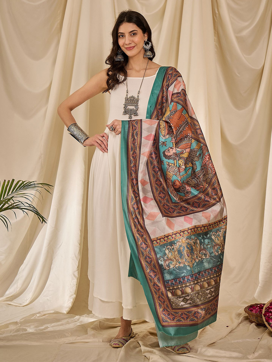 InWeave Graphic Printed Dupatta With Zari Border