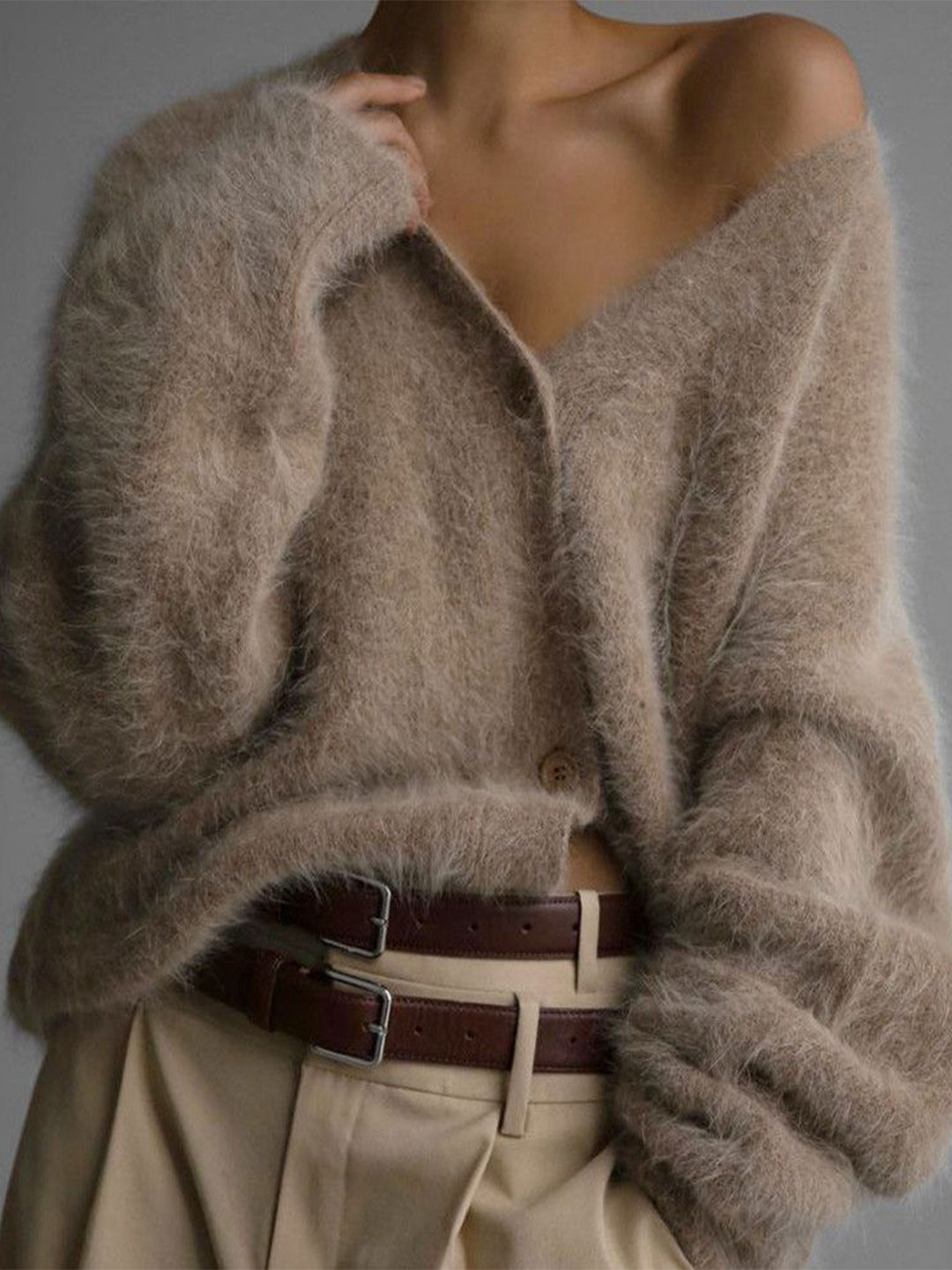 StyleCast Women Self Design V-Neck Button-Front Cardigan with Fuzzy Detail