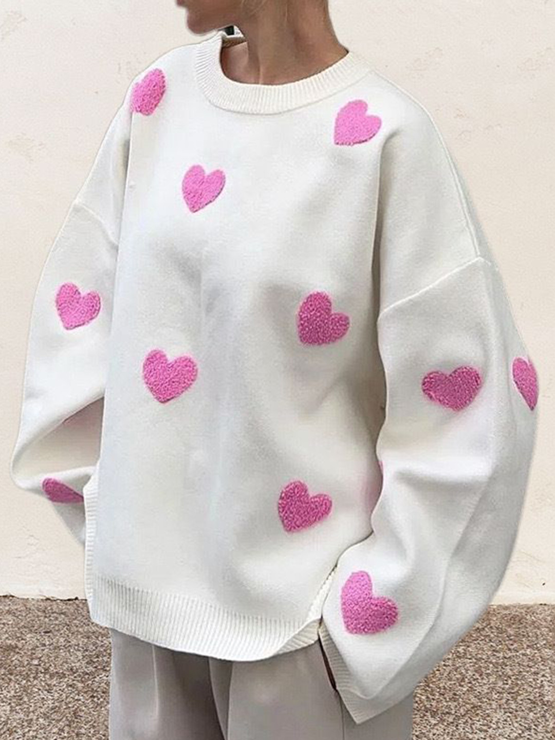 StyleCast Women Heart-Pattern Round Neck Sweater With Ribbed hem