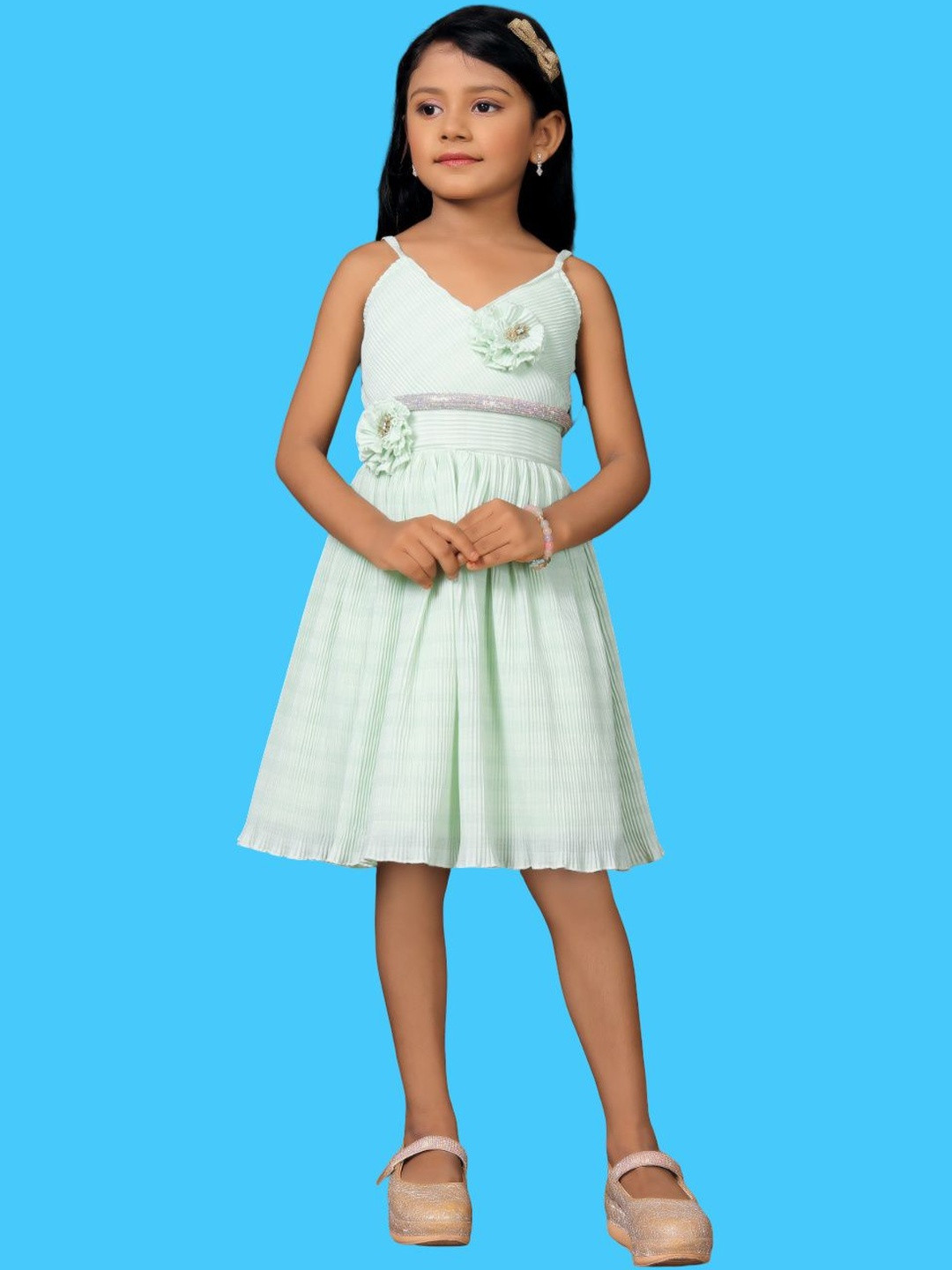 Satjal Fab  Girls Olive Green Cotton A-Line Shoulder Strap Frocks