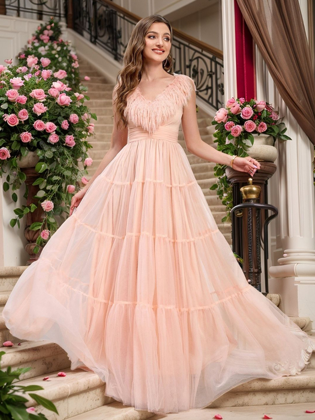 StyleCast Women Solid Fringed details Tiered Gown Maxi Dress