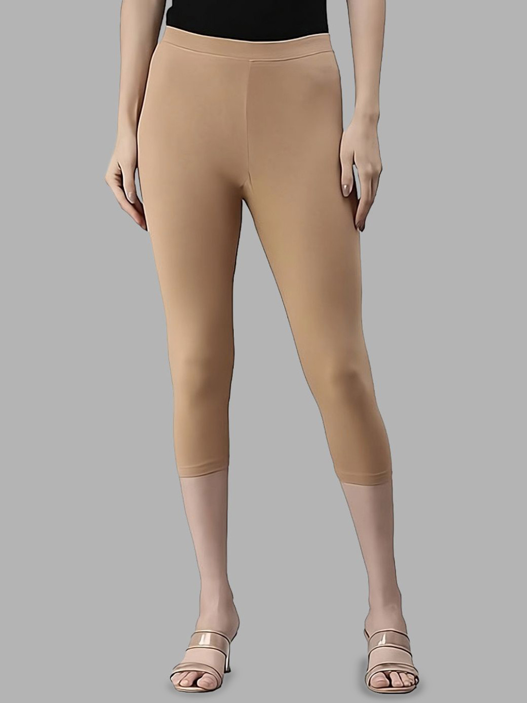 ZAYANQA Women Solid Slim Fit Three-Fourth Length Stretchable Cotton Beige Capri Leggings