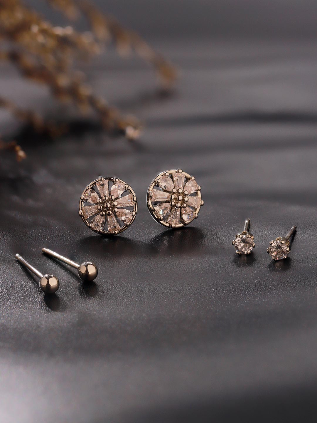 Voylla Korean Bling Essential Glam Set Of 3 Rhodium-Plated Stones Studded Circular Studs