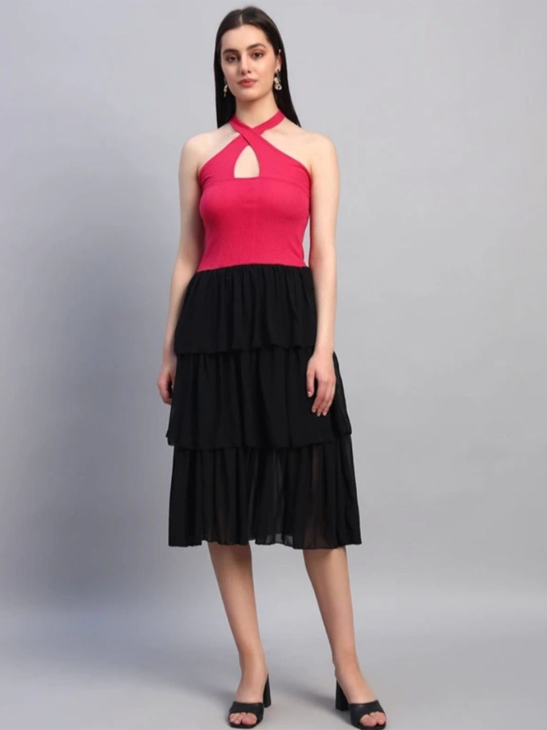 Tamina Women Solid Layered Halter Neck Fit & Flare Dress