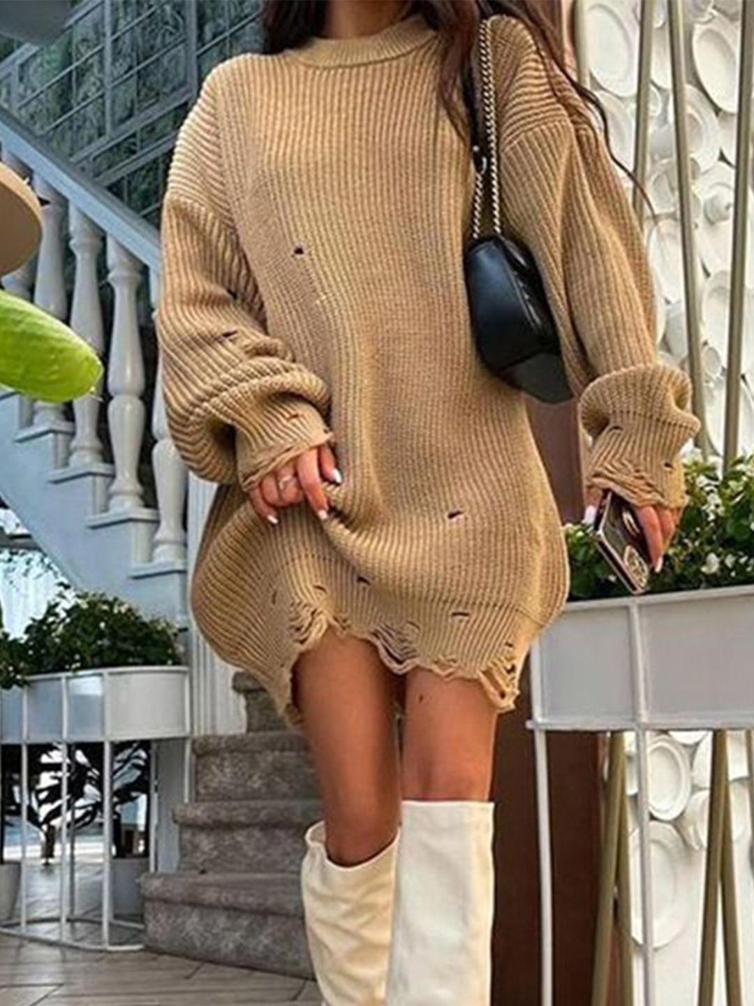 StyleCast Women Oversized Distressed Knit Longline Sweater