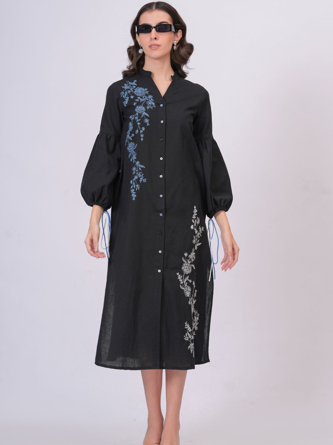 Zolo Label Longline Button-Down Cotton Dress Floral Thread Embroidery & Balloon Sleeves