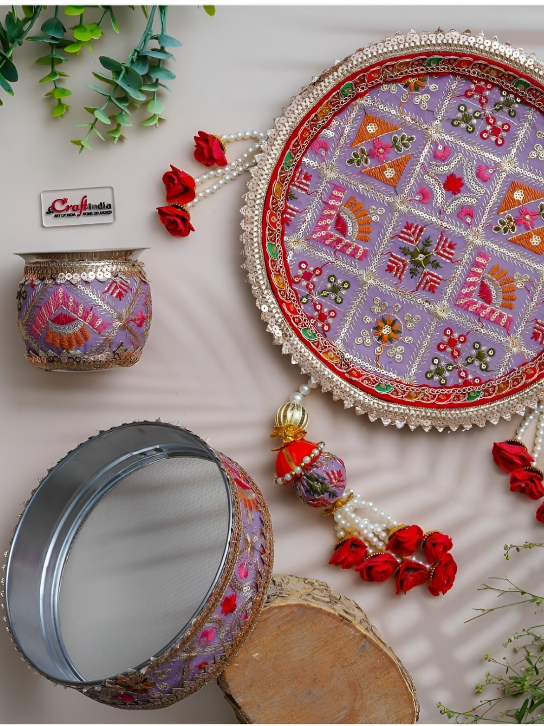 eCraftIndia Red & Purple 3 Pieces Stainless Steel Karwa Chauth Thali Set