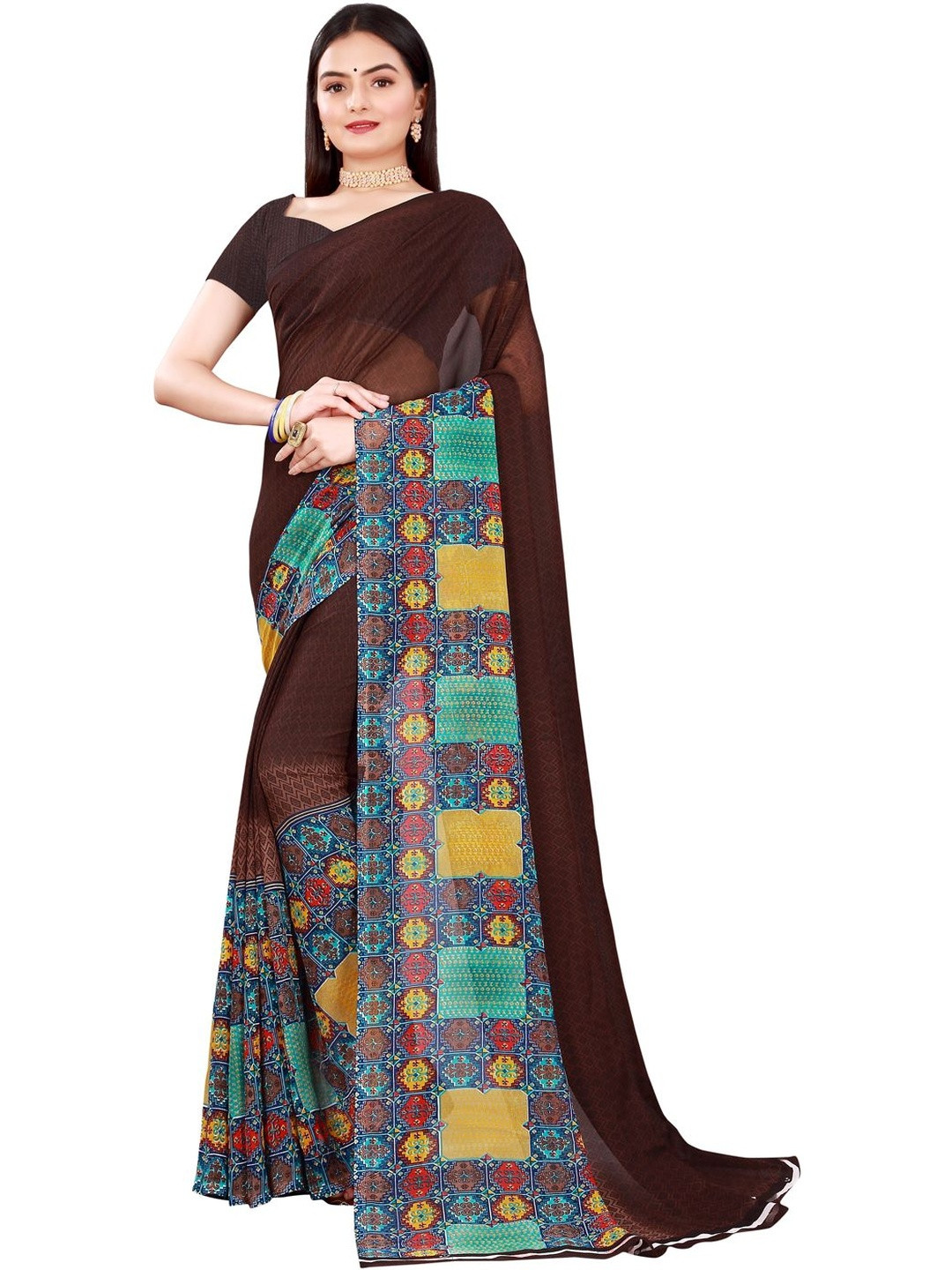 KALINI Geometric Printed Art Silk Saree With Blouse Piece