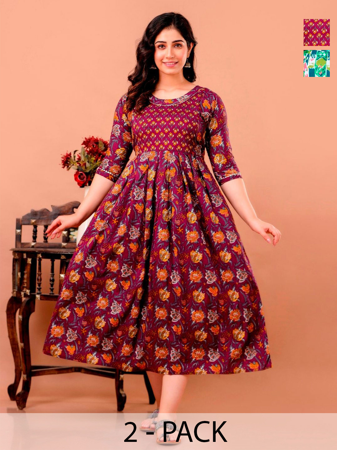 Pakiza Enterprises Pack Of 2 Floral Printed Maternity Round Neck Fit & Flare Midi Dress