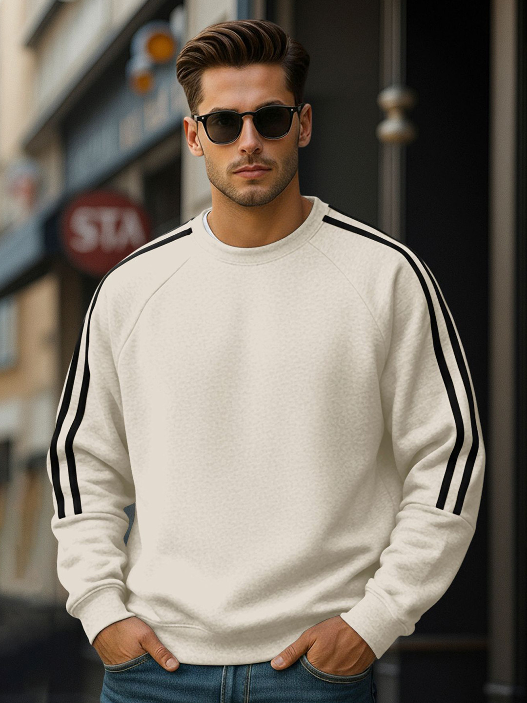 Fashion And Youth Men Solid Double Striped Round Neck Pullover Regular Sweatshirt