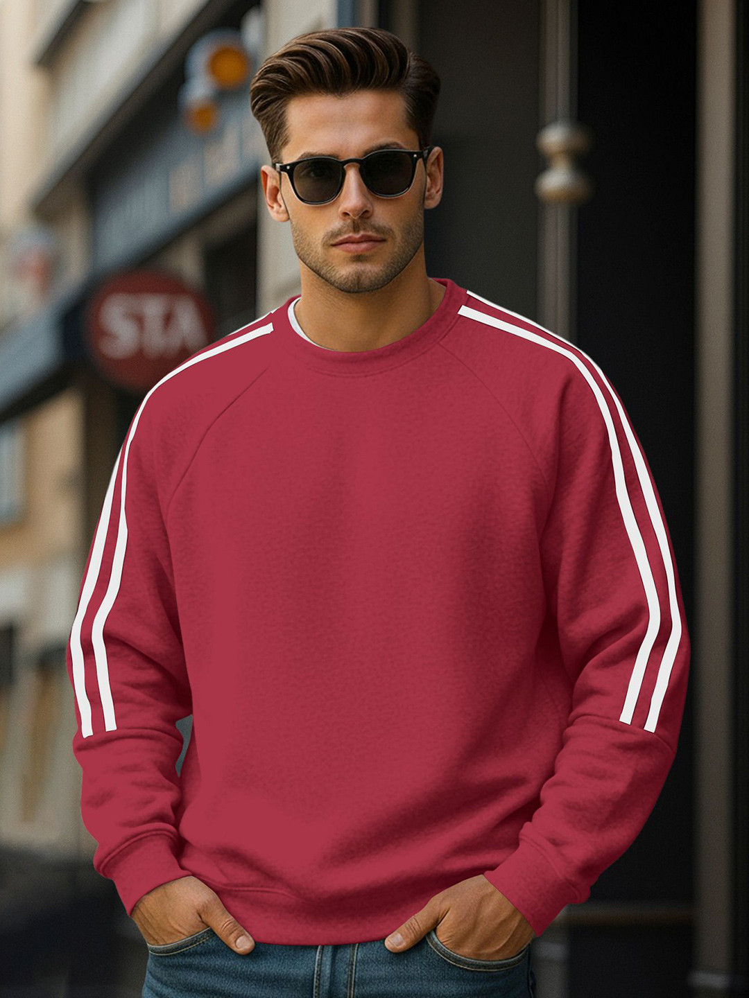 Fashion And Youth Men Striped Full Sleeves Round Neck Pullover Sweatshirts