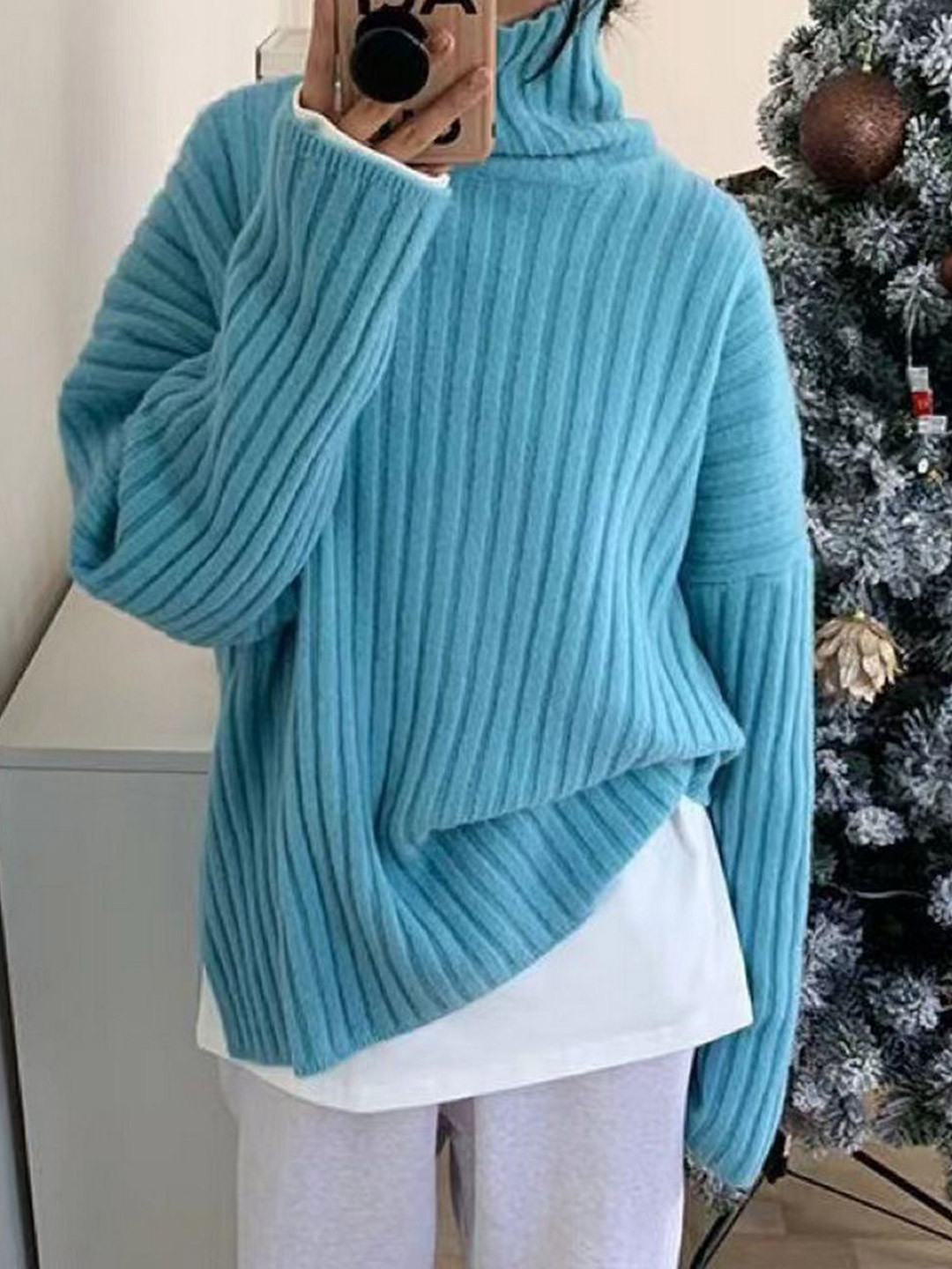 StyleCast Women Ribbed Turtle Neck Oversized Longline Pullover Sweater
