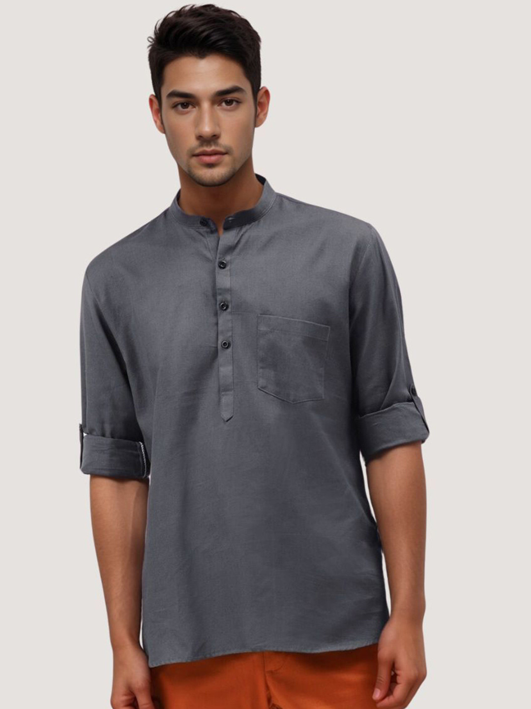 Darbar inn Band Collar Roll-Up Sleeves Pure Cotton Straight Kurta