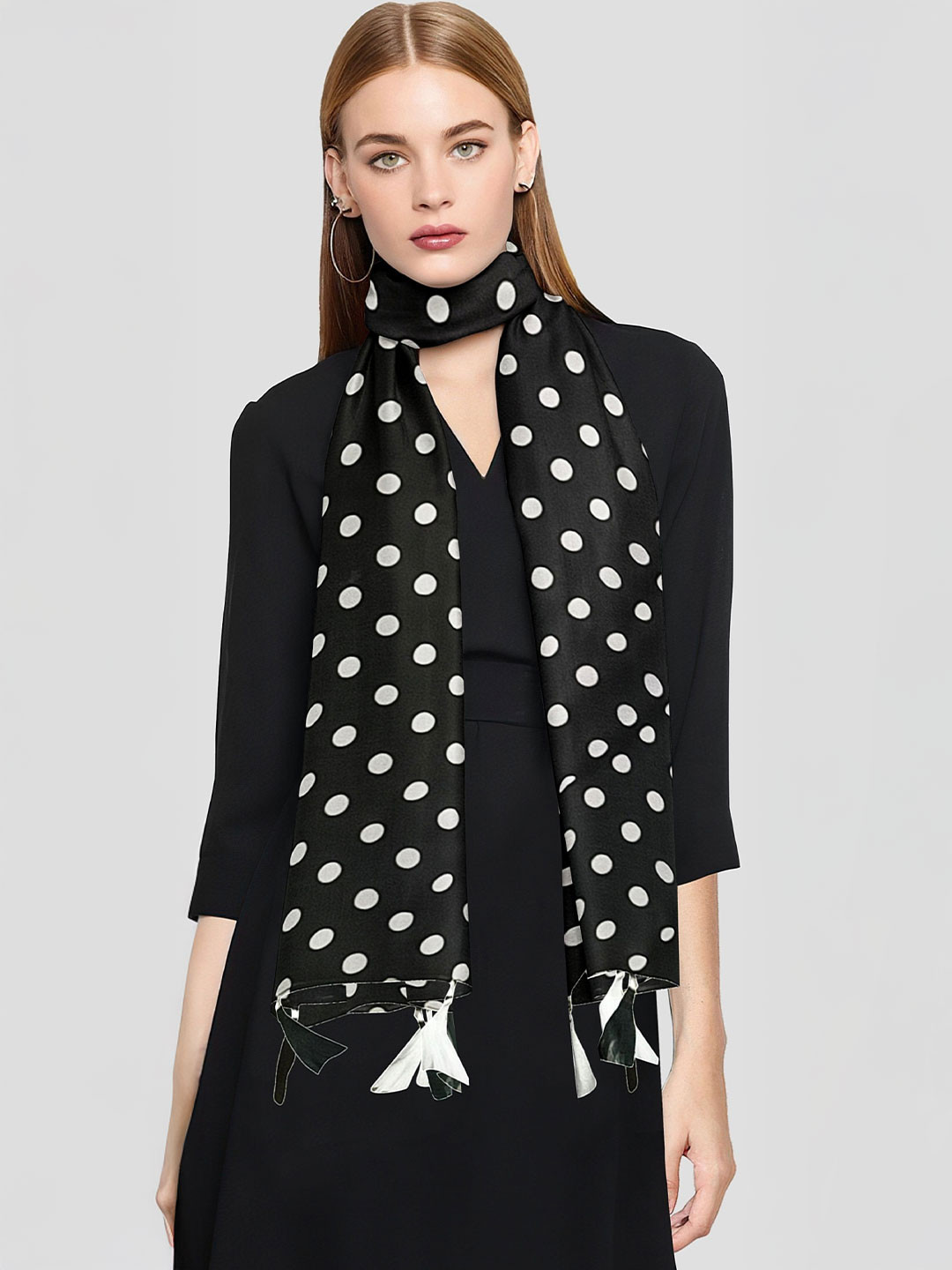 POSHAMPAA be desi Women Set of 2 Polka Dots Printed Scarfs With Tasselled Border