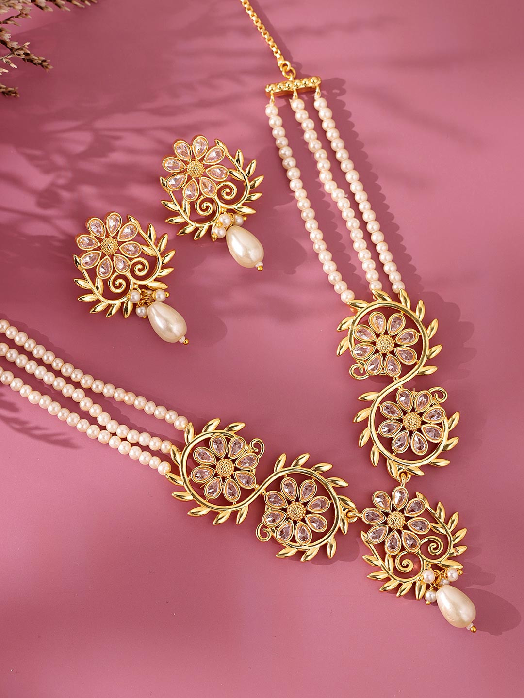 Voylla Maharani Gulmala Gold-Plated American Diamond Stone-Studded Jewellery Set