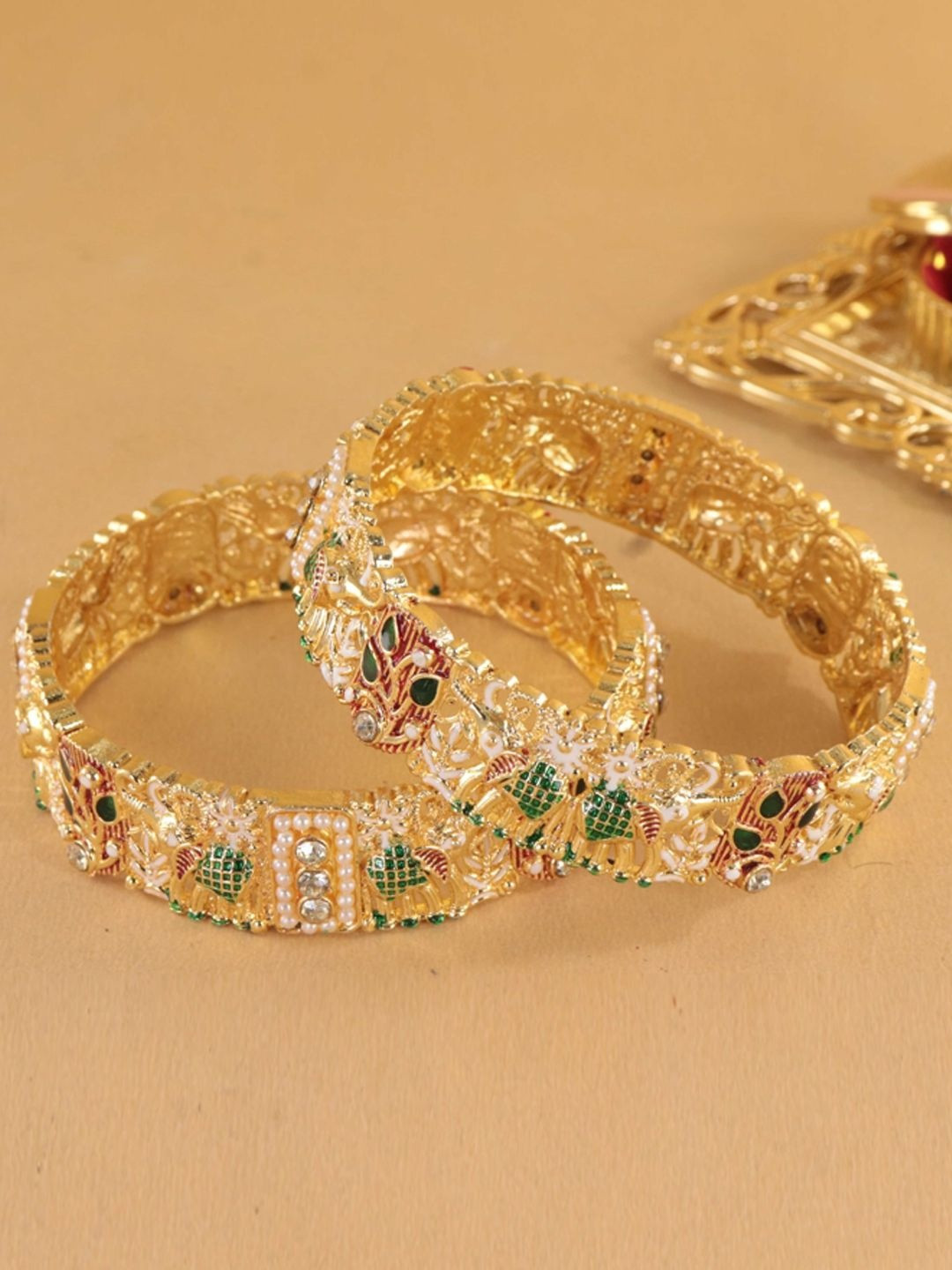 ZULKA Women Pack of 2 Metal Kada Set Decorated With Zircon Gemstone & Elephant Design