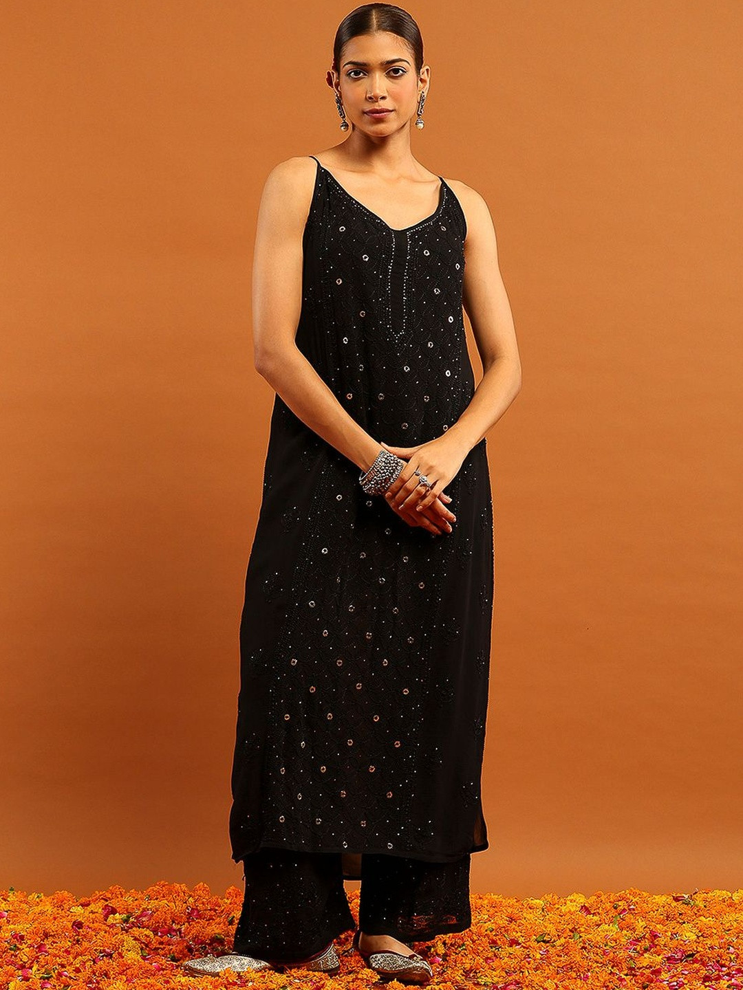 House of Chikankari Women's 3 PC Long Black Kurta Set