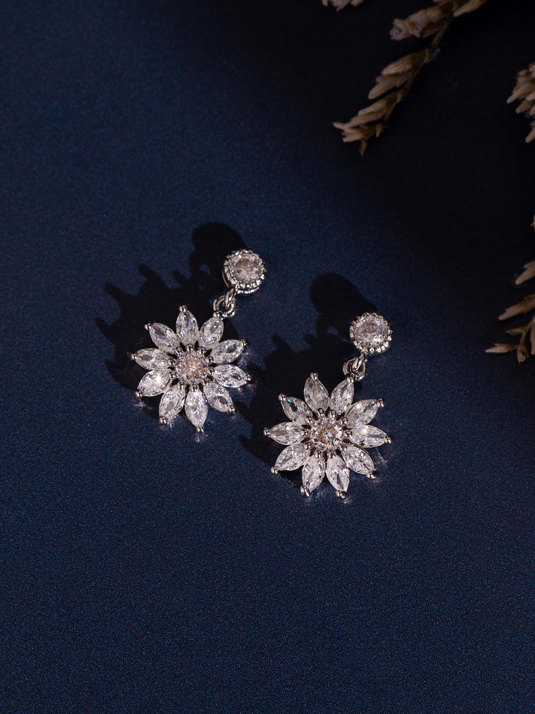 Voylla Rhodium-Plated Classic Daisy Drop Earrings