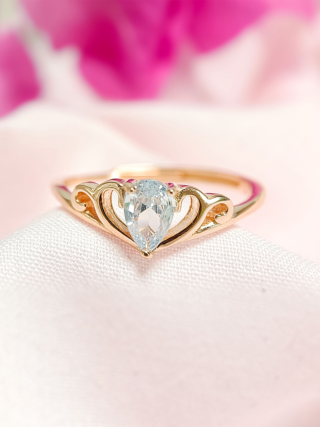 INARI SHINES 925 Silver Rose Gold-Plated CZ Studded Adjustable Princes Finger Ring