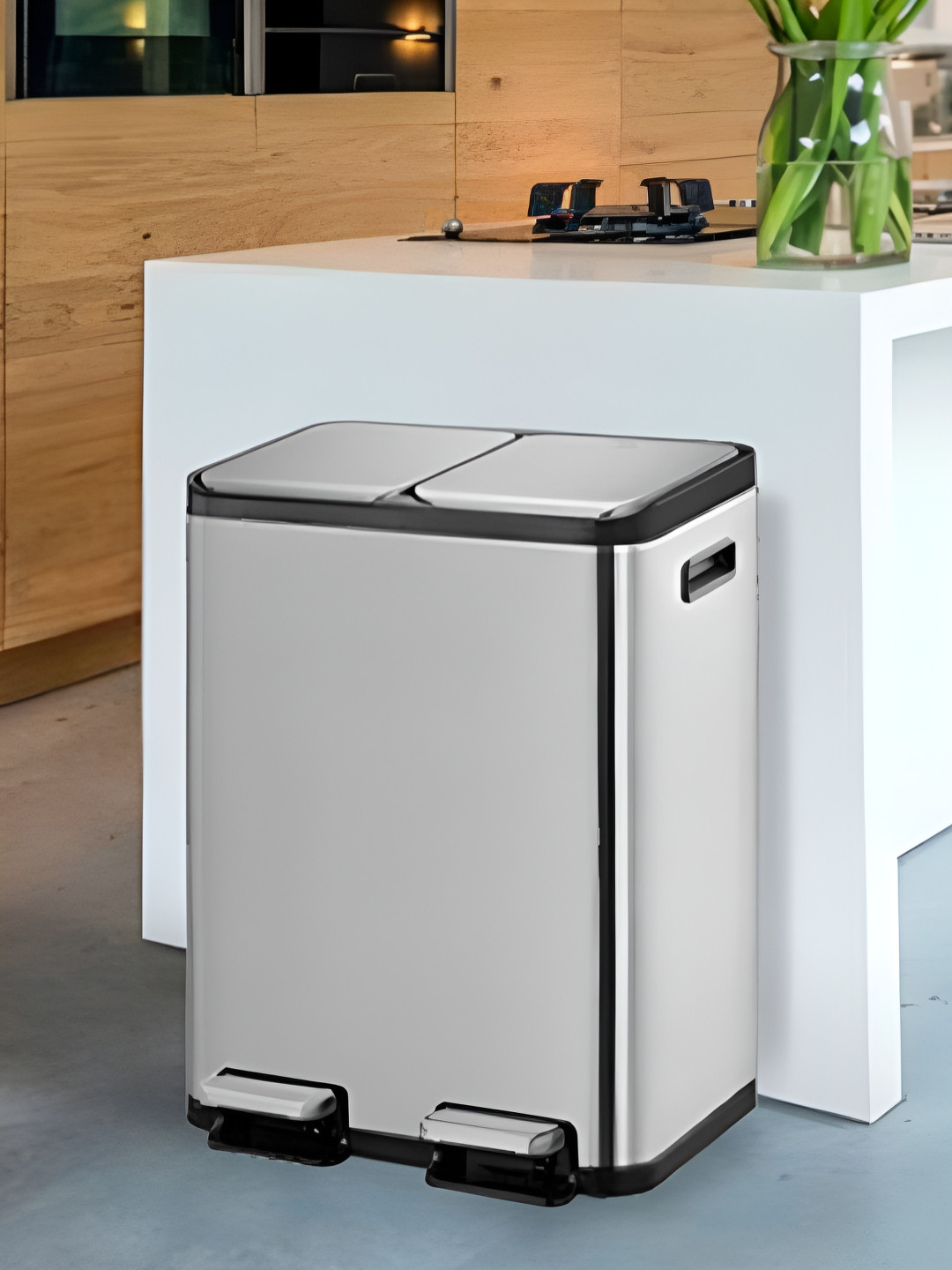 OBSESSIONS Grey & Black Stainless Steel Dual Step Trash Rectangular Dustbins - 15 + 15 L