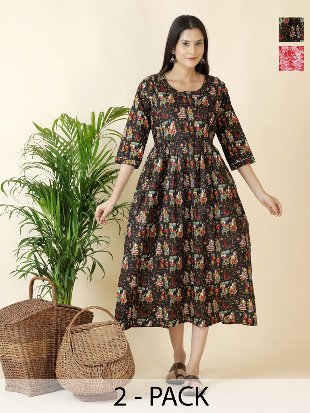 Pakiza Enterprises Pack Of 2 Ethnic Motifs Print Maternity Cotton Fit & Flare Midi Dress