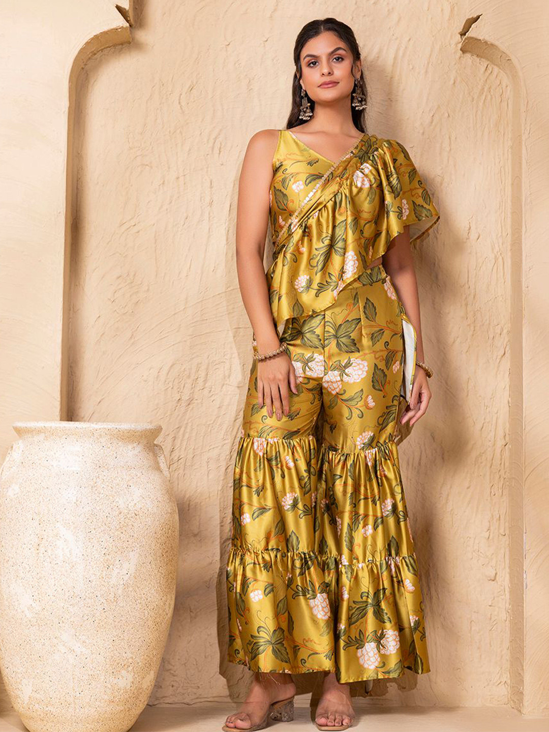 MABISH by Sonal Jain Floral Printed Crop Top With Attatched Frill Dupatta & Sharara