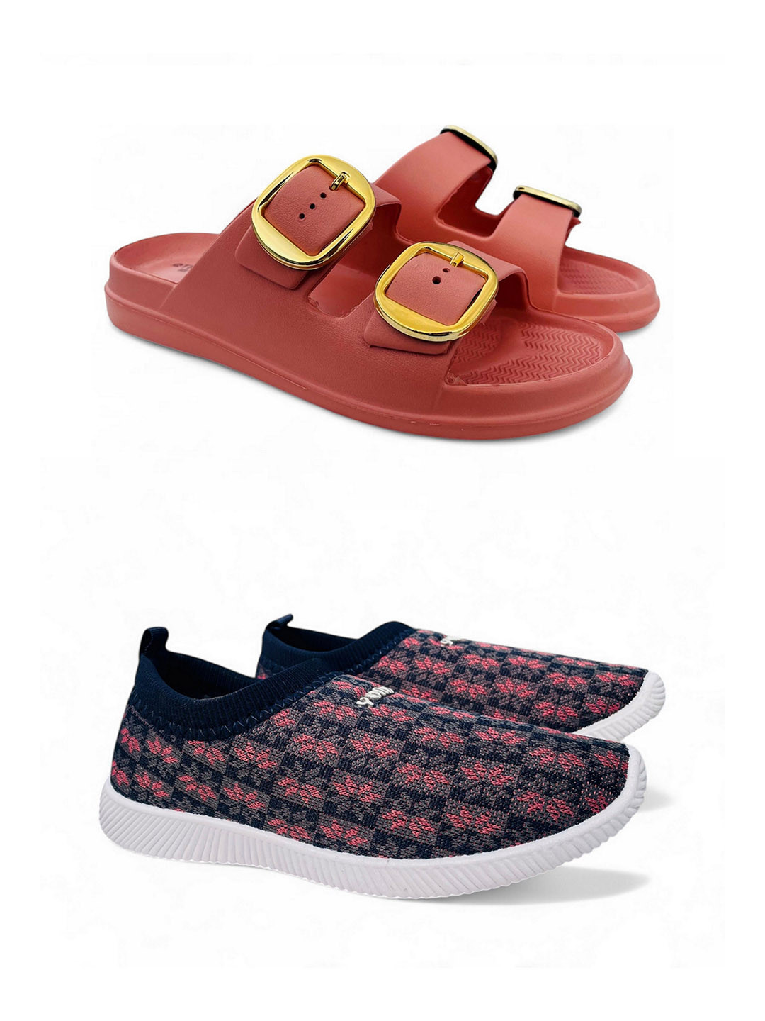 FABBMATE Women Pack of 2 Textured Printed Slip On Sneakers With Flip Flops