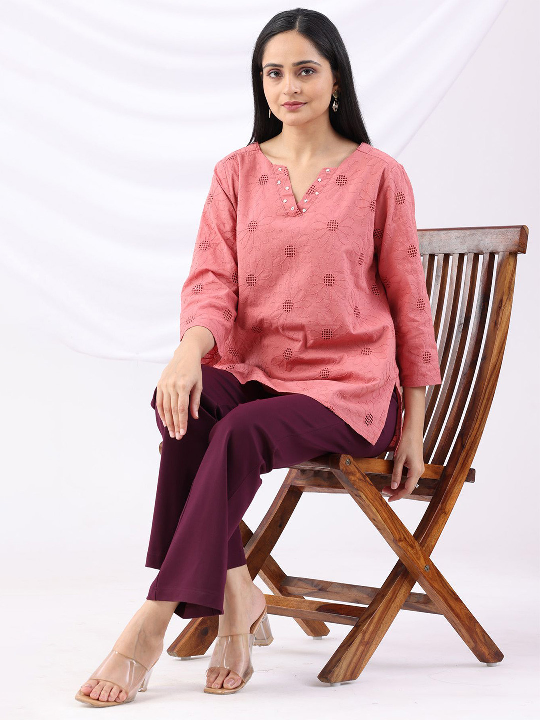 Mustard Floral Embroidered V-Neck Thread Work Pure Cotton Kurti