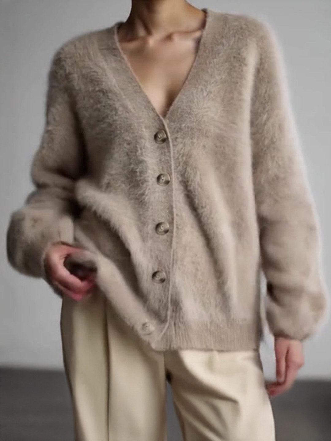 StyleCast Women Self Design V-Neck Fuzzy Button-Up Cardigan