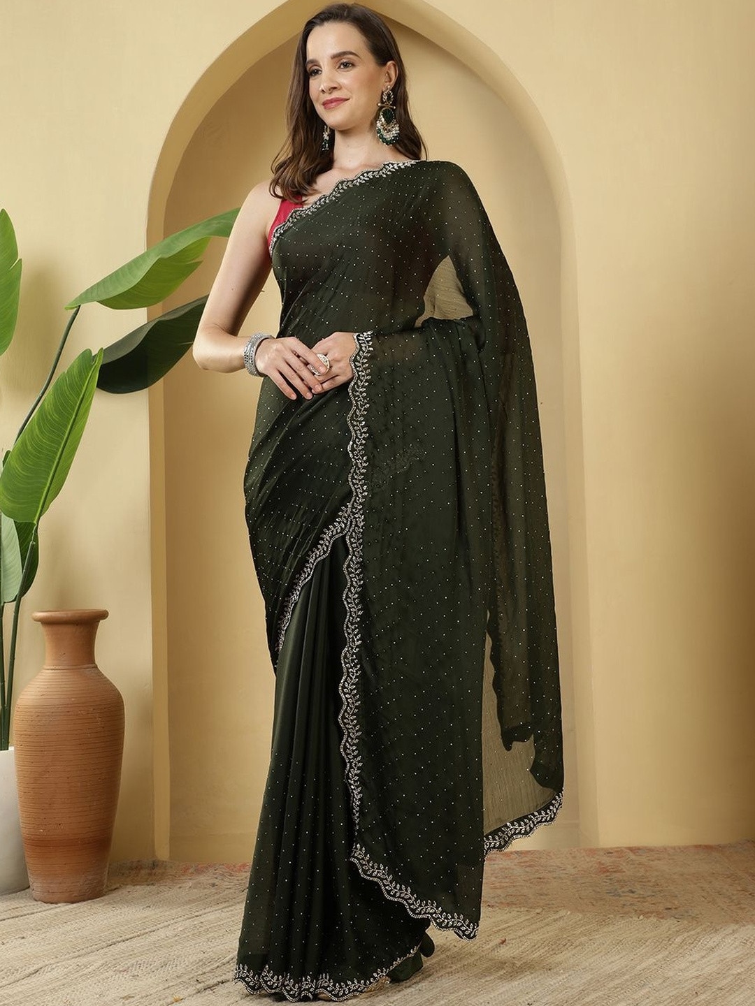 Meena Bazaar Embellished Beads and Stones Saree  With Scallop Border