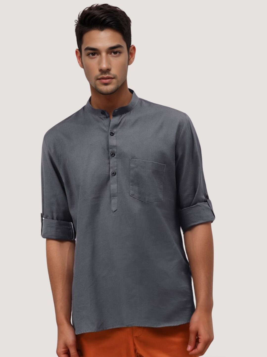 PRINCYENT Men Mandarin Collar Roll-Up Sleeves Kurta