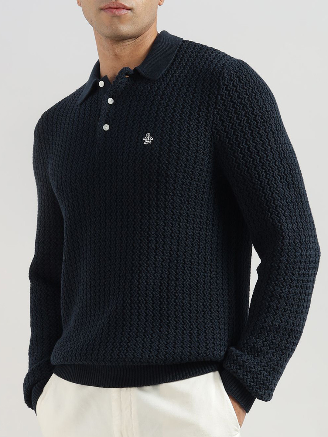 Original Penguin Men Cable Knit Self Design Shirt Collar Pullover