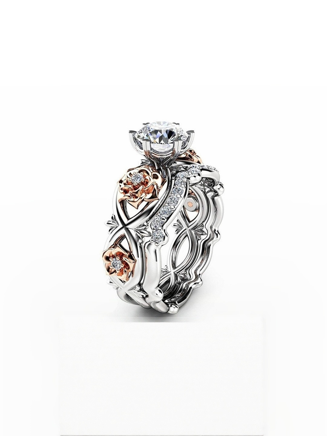 Moneekar Jewels Women Set of 2 Two-Tone CZ Vintage Bridal Finger Ring