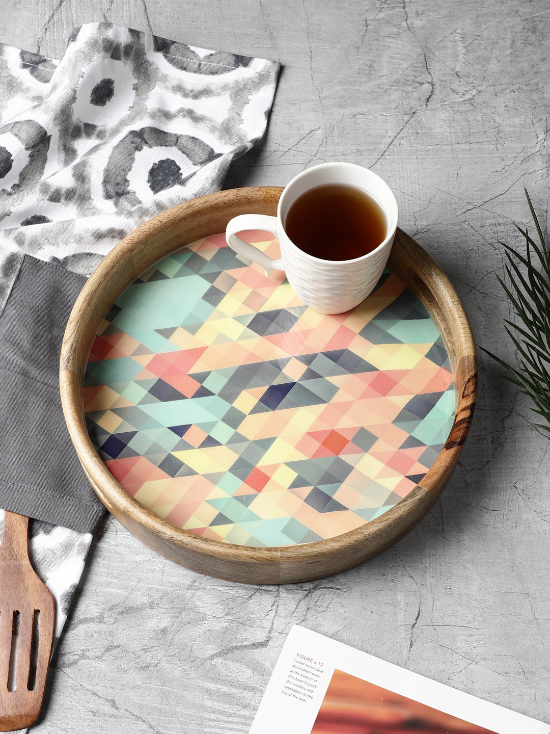 VarEesha Mosaic Mango Brown Printed Circular Wooden Serving Tray