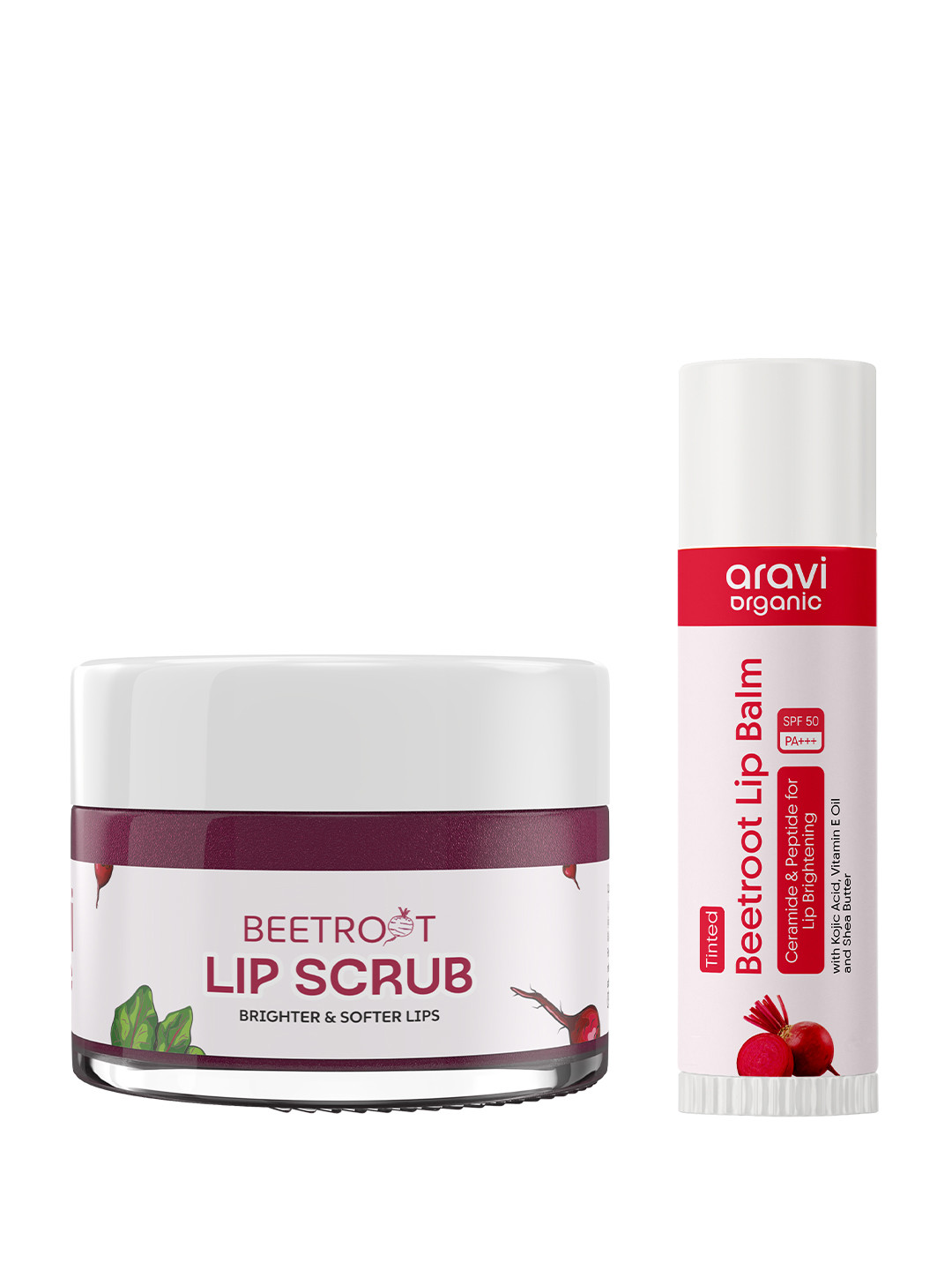 Aravi Organic Set Of 2 Beetroot Lip Scrub - 15 g & Tinted Beetroot Lip Balm SPF 50 - 5 g