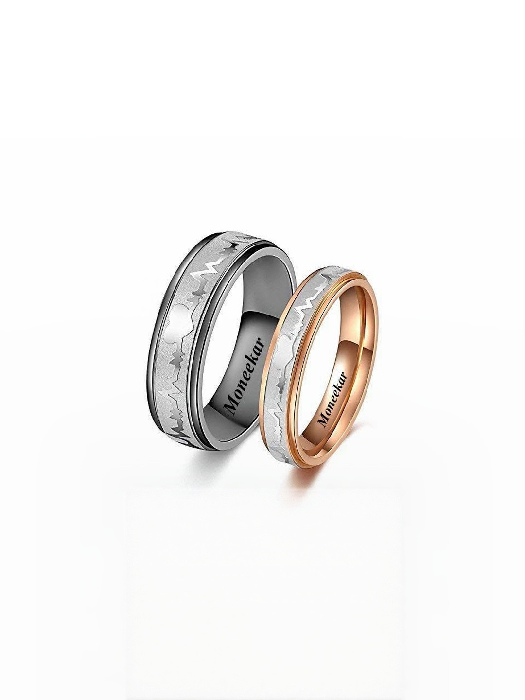 Moneekar Jewels Unisex Set of 2 Titanium Heartbeat Couple Finger Rings