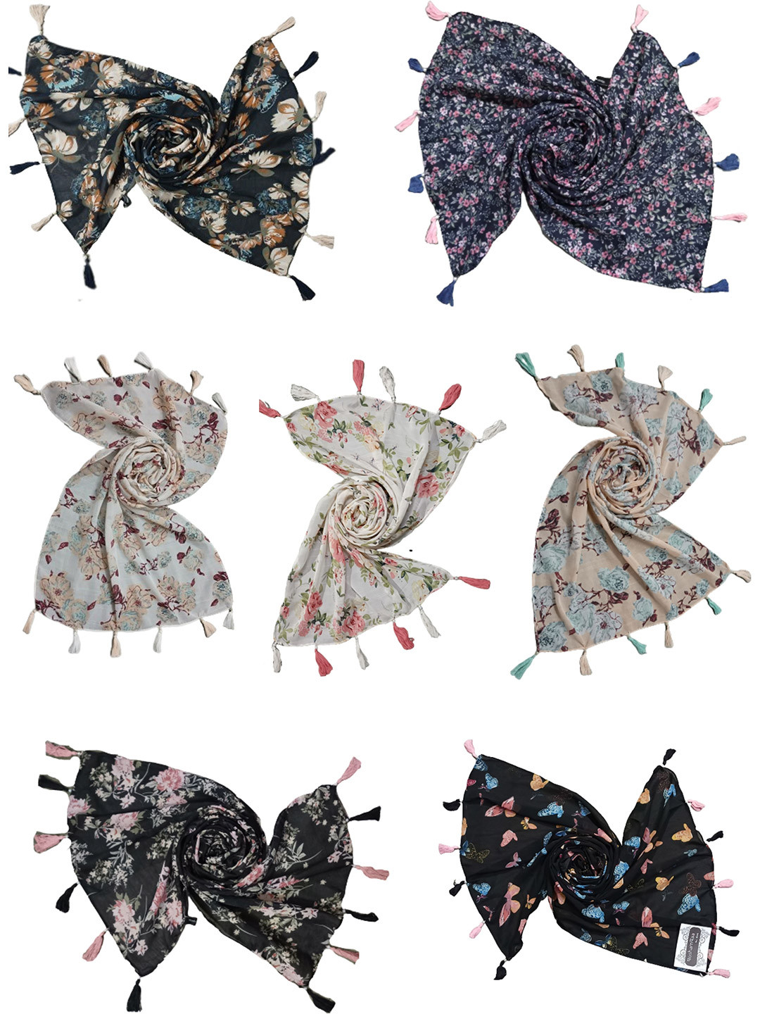 POSHAMPAA be desi Women Pack of 7 Printed Scarves with Tasselled Border