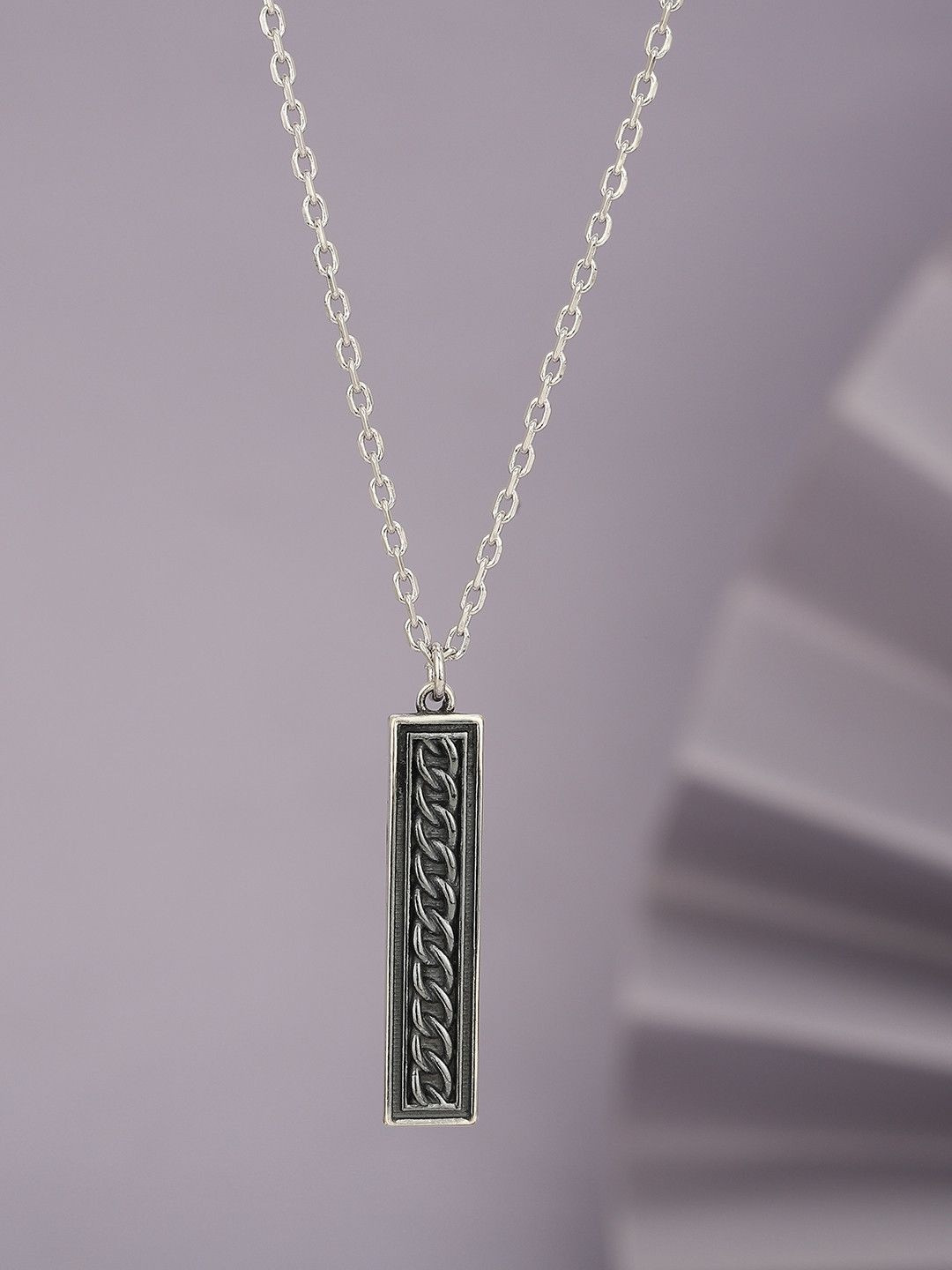 Roadster Men Rhodium Plated Brass Oxidised Bar Pendant with chain