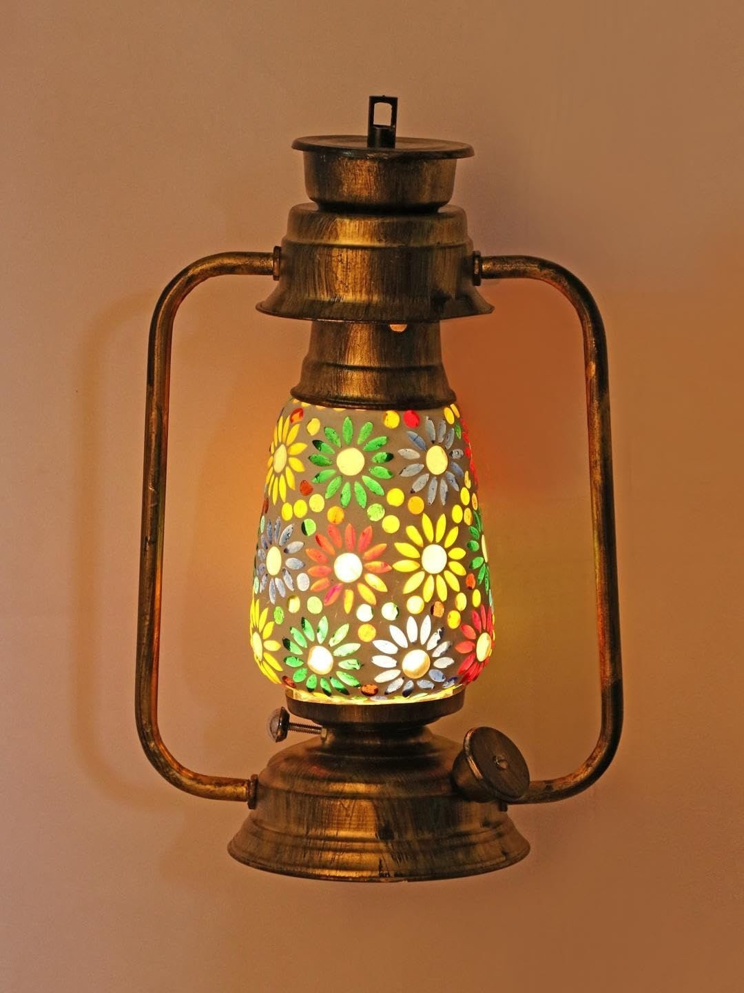 1ST TIME Multicoloured & Brown Textured Metal Traditional Lantern Wall Lamp