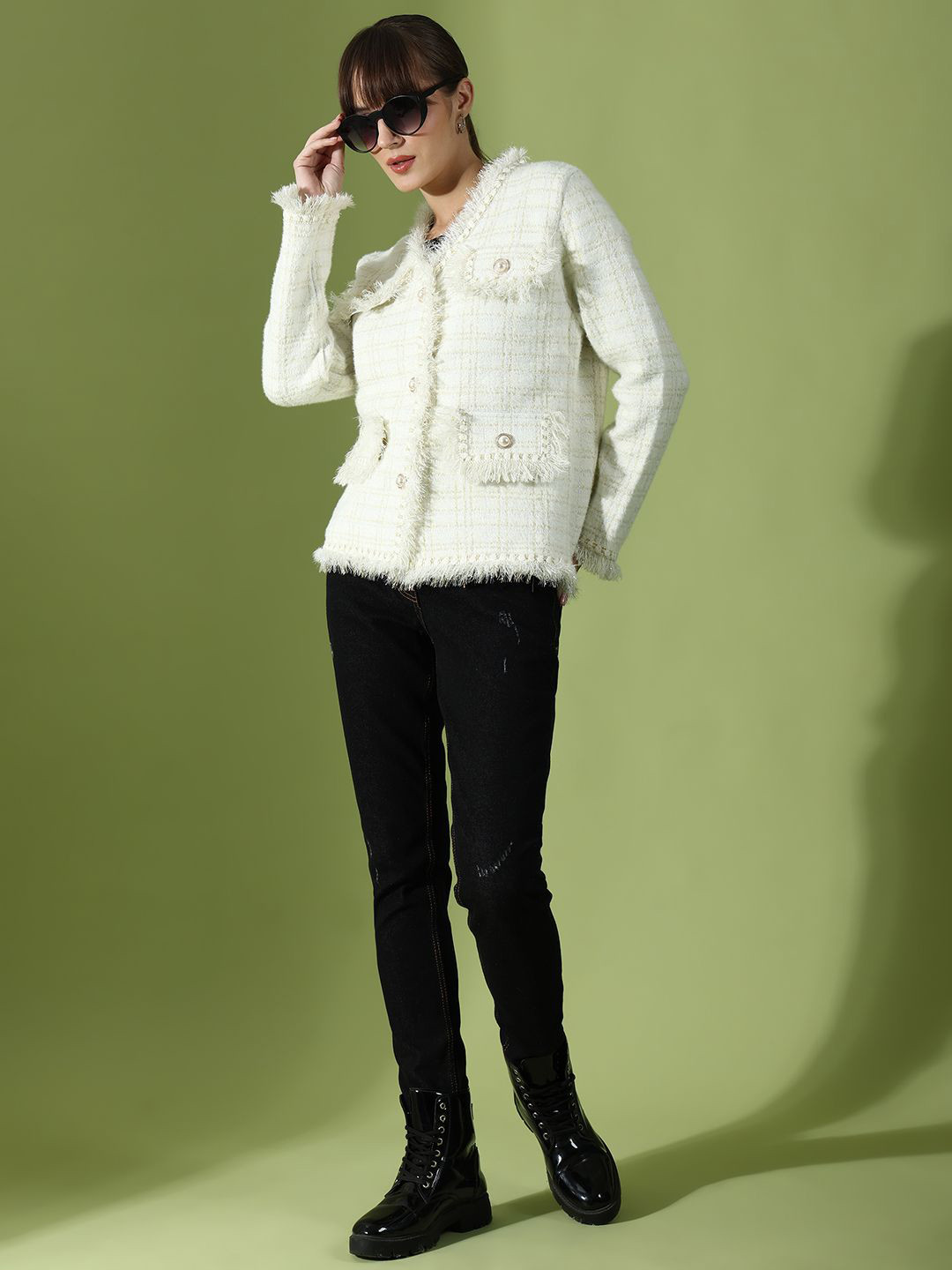 Mast & Harbour Women Checked Woollen Cardigan with Pockets