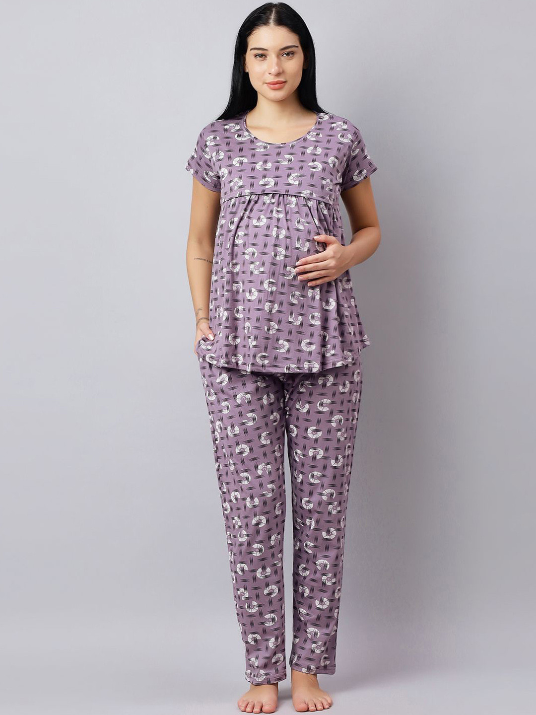 DZZO Women Printed Maternity & Feeding Night suit