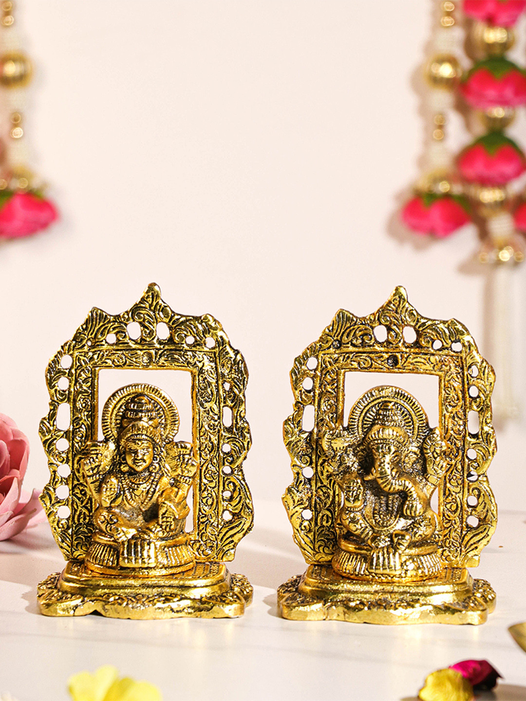 Art Street Antique Metal Lakshmi & Ganesha Brass Finished Idol Set for Pooja Room, Diwali