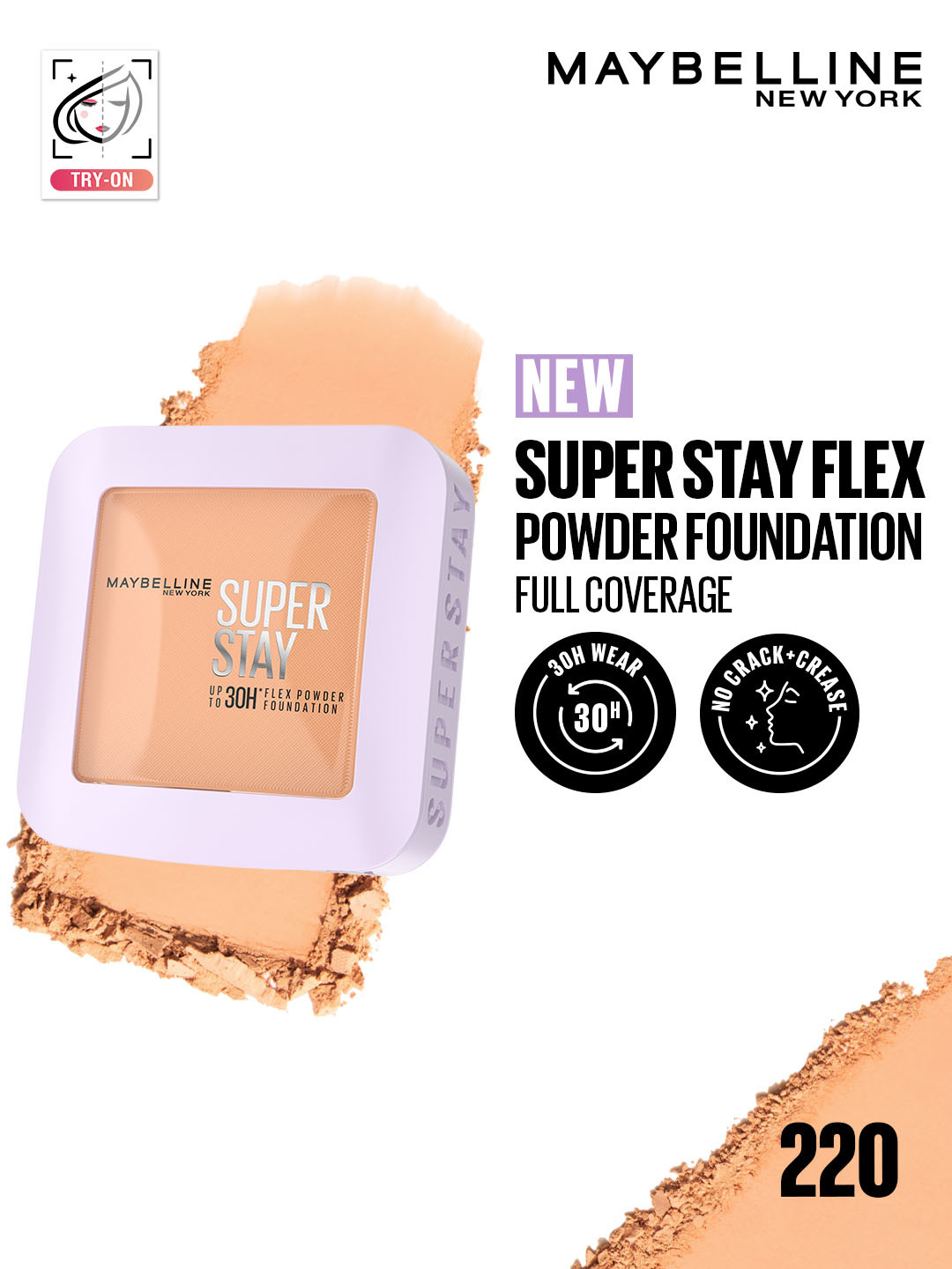 Maybelline New York Super Stay Flex 30H Wear Powder Foundation Compact for Oily Skin - 220